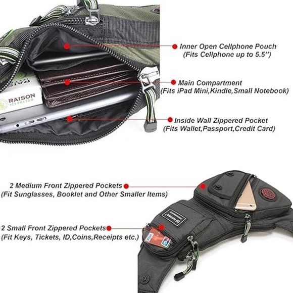 Unisex Nylon Green Mini Chest Shoulder Water-Resistant Sling Bag Ship Today - Picture 3 of 6